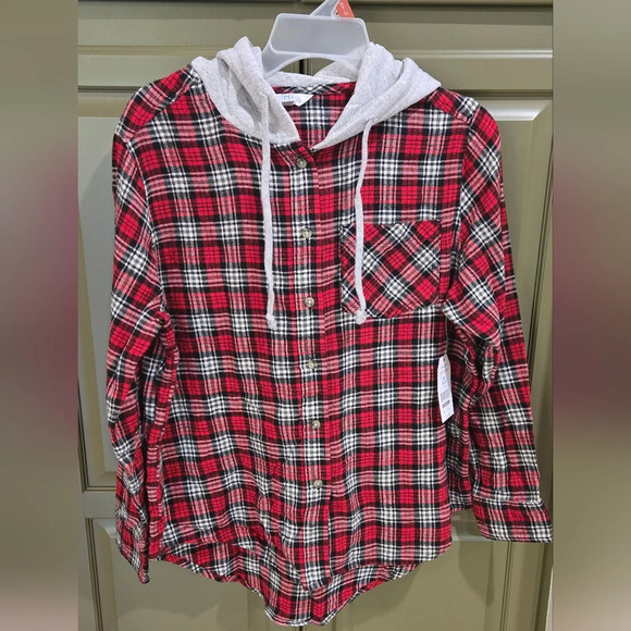 Nwt time & Tru red long sleeve button down flannel with hood - Picture 1 of 4